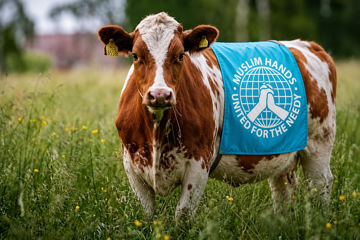 A dairy cow wearing a Muslim Hands blanket